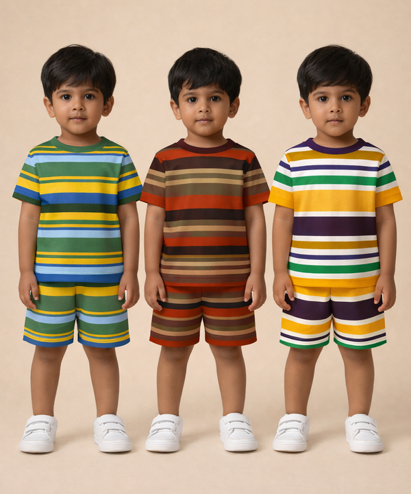 Boys Cotton Stripes Kids Co-ord Set Combo / Age 0-4 Years | T-shirt & Shorts (Combo Set Pack of 3)