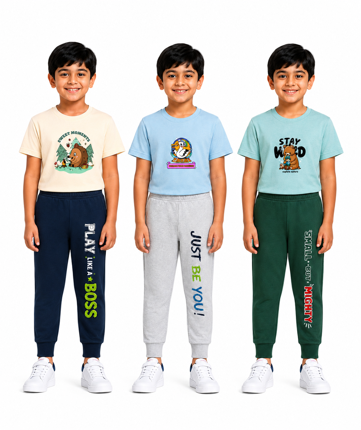Boys Graphic Printed T-Shirt & Typography Track Pant Co-Ord Set | Age 2-5 Years | Pack Of 3 Set