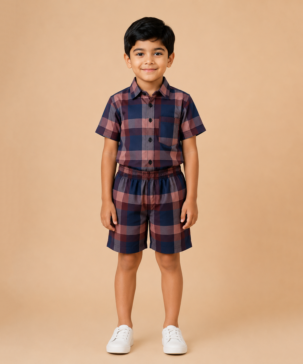 Polyester Large Plaid Check Shirt and Shorts Set for Boy Kids Casual Wear Half Sleeve Co-Ord Set with Elastic Waist Shorts | Age 6 to 7 Years