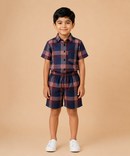 Polyester Large Plaid Check Shirt and Shorts Set for Boy Kids Casual Wear Half Sleeve Co-Ord Set with Elastic Waist Shorts | Age 6 to 7 Years