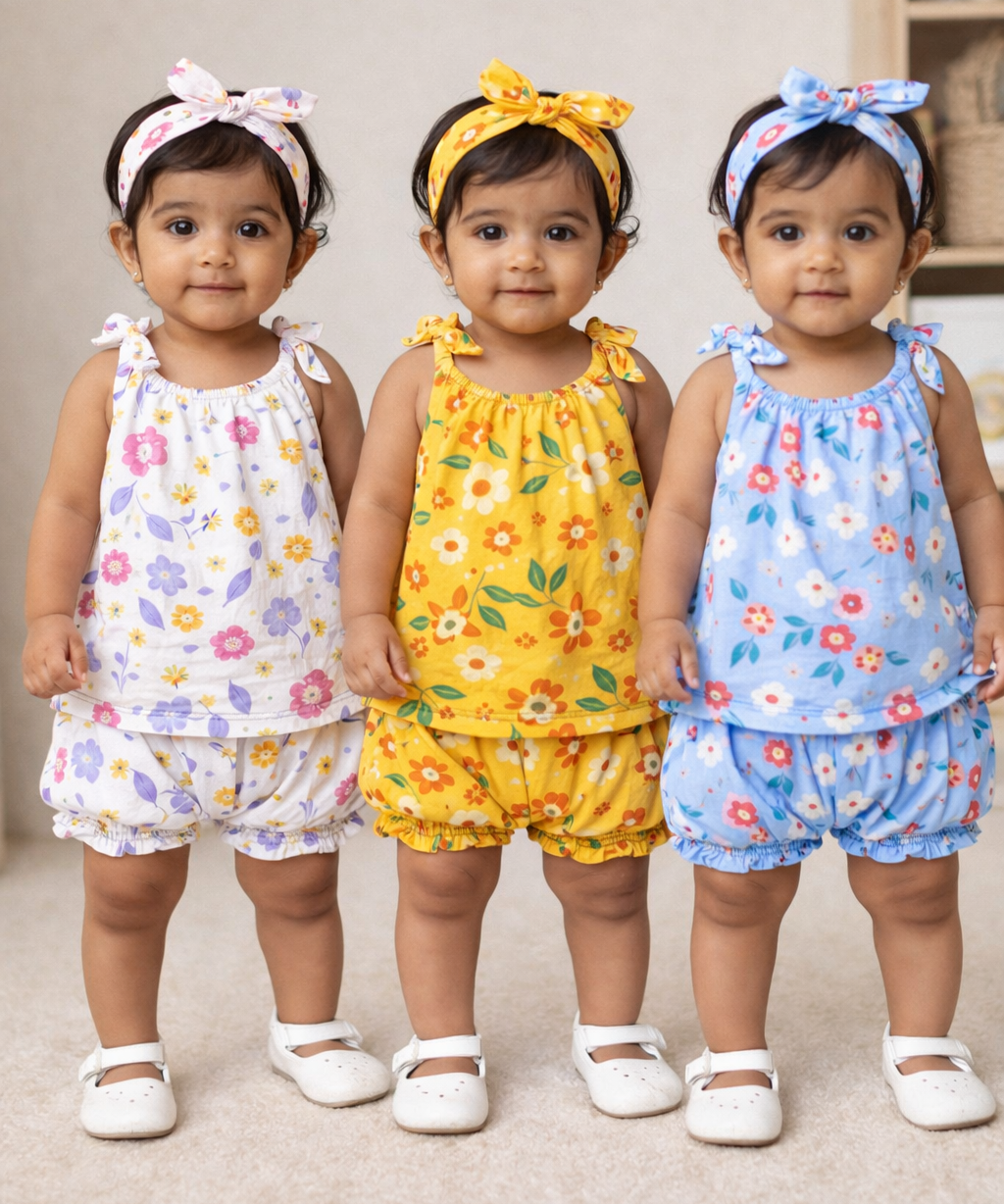Boy & Girl Baby Printed Top Knot Dress | Top and Shorts Set | 100% Pure Cotton (Pack of 3 Sets Combo)
