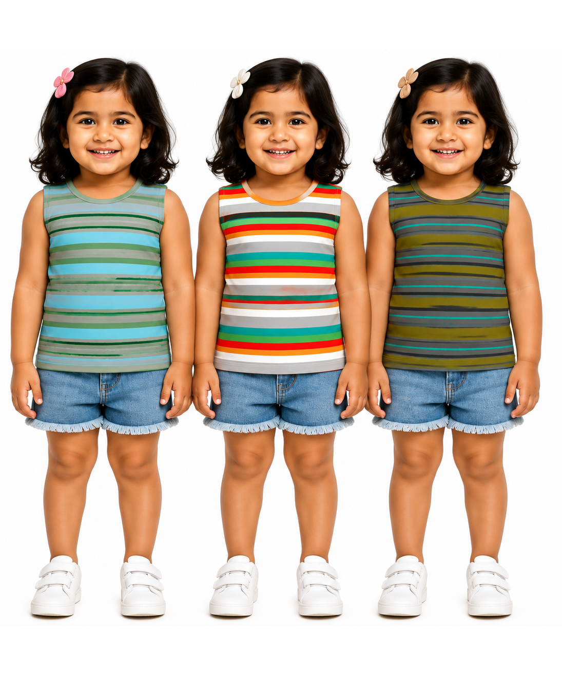 Cotton Stripes Girls Kids Sleeveless Tshirt (Pack of 3)
