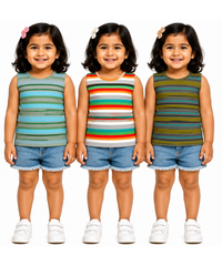 Cotton Stripes Girls Kids Sleeveless Tshirt (Pack of 3)