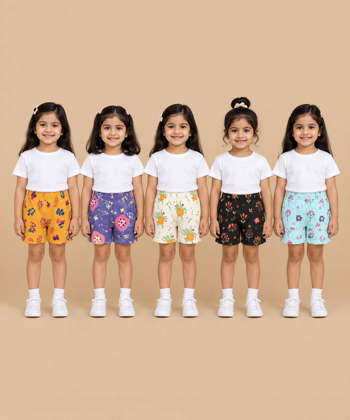 Girls Printed Cotton Shorts | Soft Elastic Waist Casual Shorts | Age 4 to 12 Years (Pack of 5 Pieces)