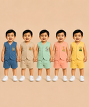 Boy & Girl Babies Poly Cotton Sleeveless Printed Top & Shorts Co-ord Set | 0-6 Months (Pack of 5) - Style 3