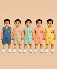 Boy & Girl Babies Poly Cotton Sleeveless Printed Top & Shorts Co-ord Set | 0-6 Months (Pack of 5) - Style 3