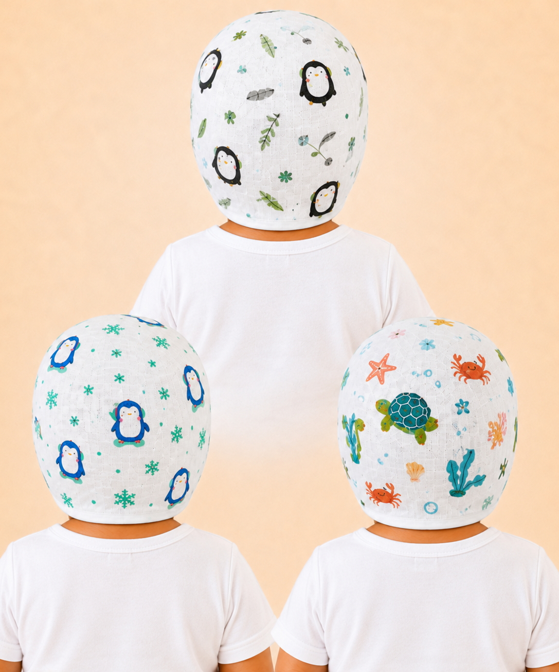Baby Muslin Cotton Printed Bonnet Cap with Chin Tie – Soft & Comfortable Infant Headwear | 0–12 Months (Pack of 3)