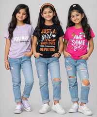 Girls Printed Casual Round Neck T-shirt (Pack of 3 Pieces)