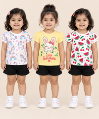 Baby Girls All Over Printed Cotton T-Shirt Multi Colour | Age 3 to 24 Months (Pack of 3 Pieces)