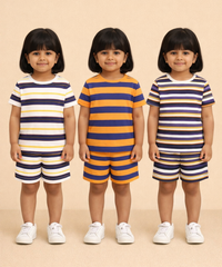 Girls Cotton Stripes Kids Co-ord Set Combo / Age 1-4 Years | T-shirt & Shorts (Combo Set Pack of 3)
