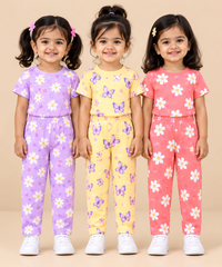 Girl Kids All Over Printed Tshirt and pant Co-ord Set | Age 6 Months to 4 Years (Pack of 3 Sets)