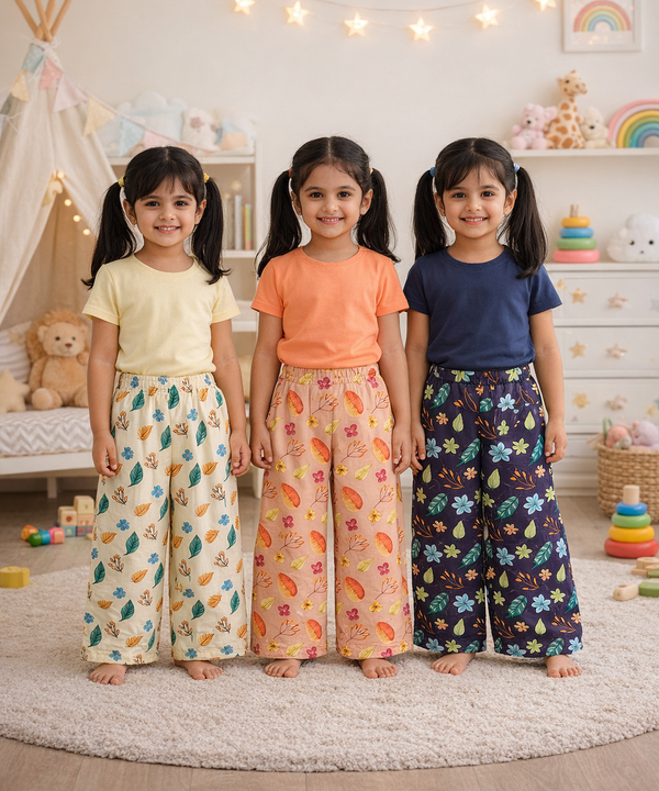 Printed Palazzo Pant | Casual Night wear for Girl Kids Age 4 To 10 Years (Pack of 3)