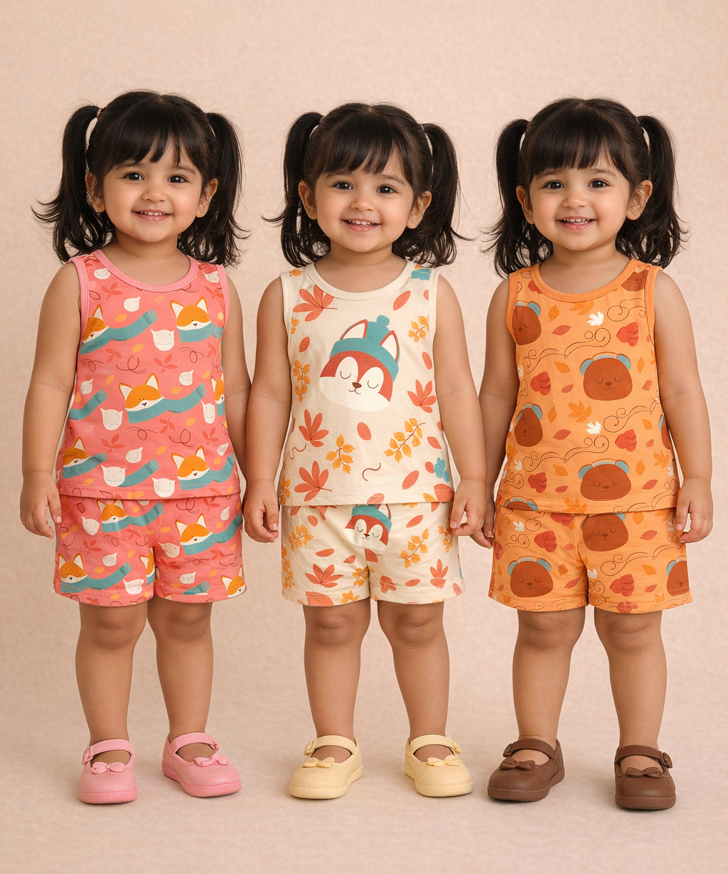 Girls Cotton Cartoon Printed Kids Sleeveless Set Combo | Age 0 to 3 Years | Sleeveless T-shirt & Shorts Co-ord Set (Pack of 3 Sets)