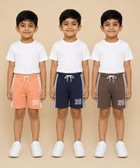 Kids Double Side Stripe Sports Shorts | Cotton Casual Shorts for Boys | Age 6-9 Years | Pack Of 3 Pieces Combo