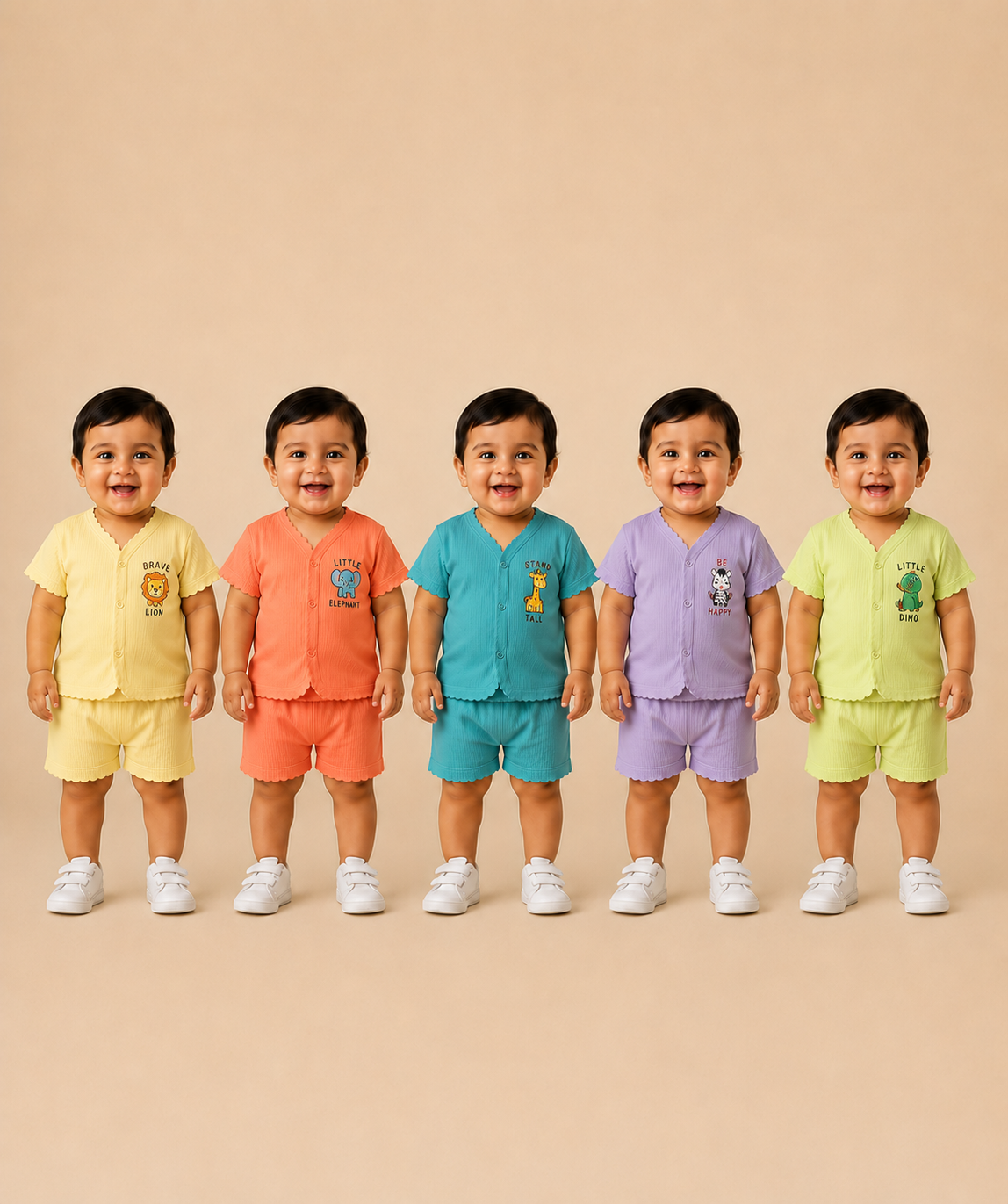 Boy & Girl Babies Poly Cotton Half Sleeve Printed Top & Shorts Co-ord Set | 0-6 Months (Pack of 5) - Style 4