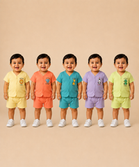 Boy & Girl Babies Poly Cotton Half Sleeve Printed Top & Shorts Co-ord Set | 0-6 Months (Pack of 5) - Style 4