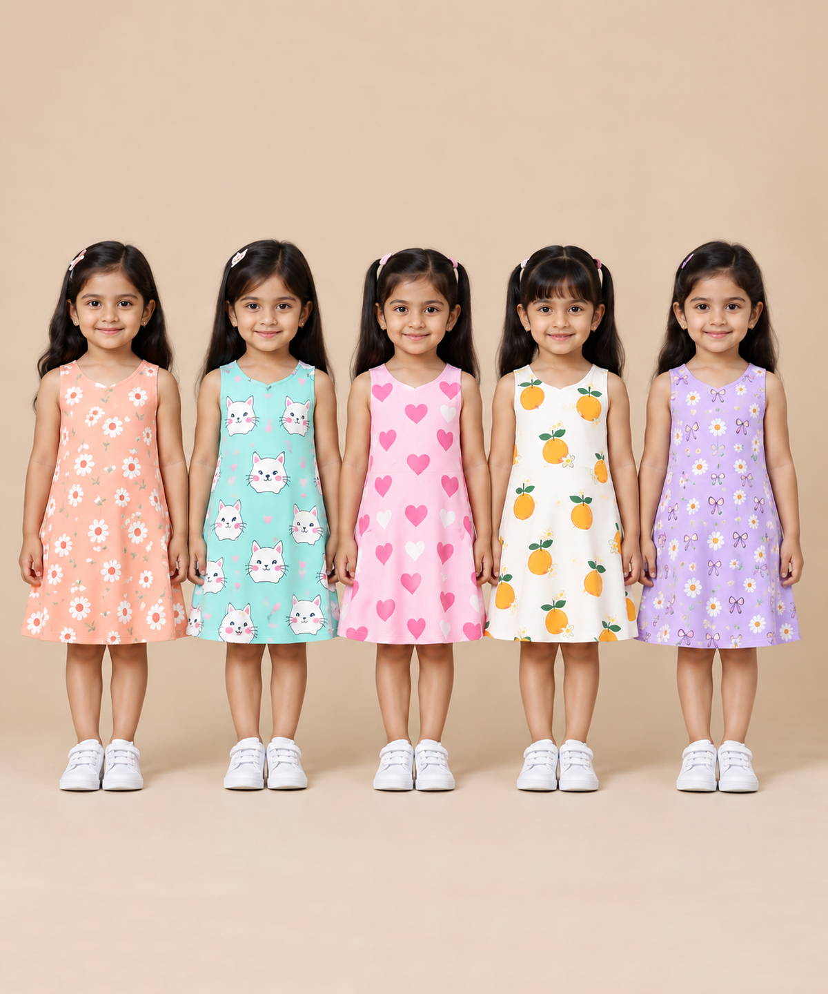 Girls 100% Cotton All Over Printed 2 To 5 Years Gown Dress/Frock Dress (Pack of 5)