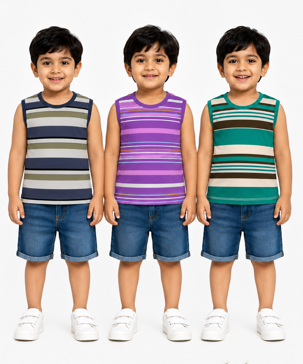 Cotton Stripes Kids Sleeveless Tshirt (Pack of 3)