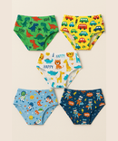 Set of five colorful children's underwear with various patterns on a beige background