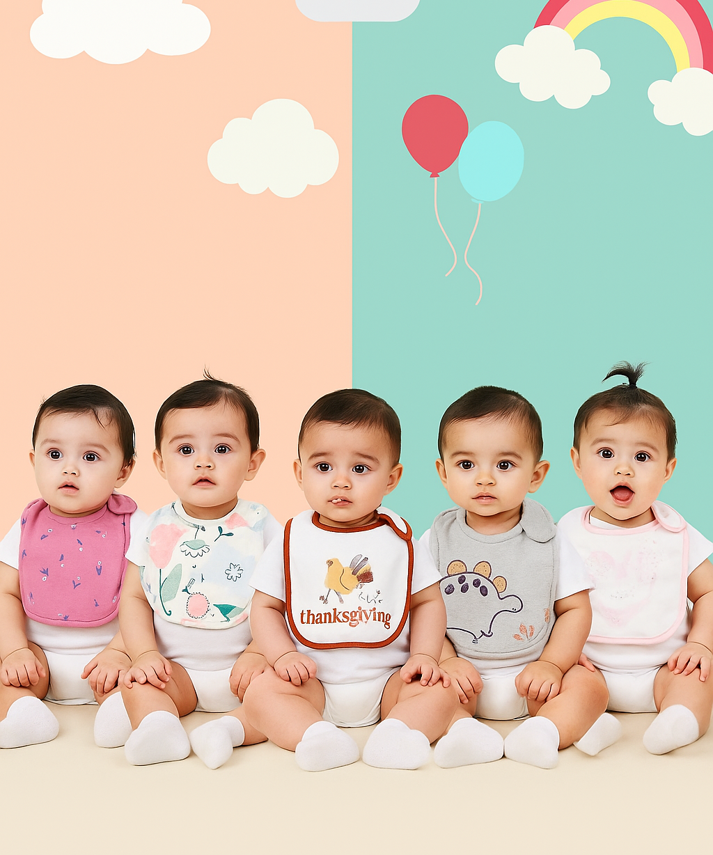 Baby Feeding Bibs 100% Pure Cotton for 3–12 Months (Pack of 5)
