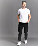 Mens Black Cargo Pant, Lycra Ottoman Fabric Jogger Pant With Bottom Cuff