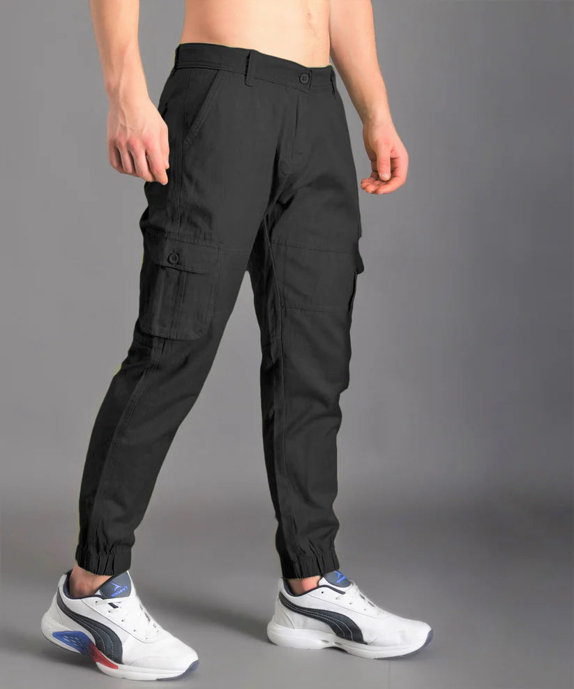 Mens Black Cargo Pant, Lycra Ottoman Fabric Jogger Pant With Bottom Cuff