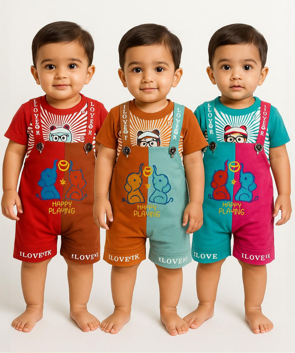 Boy & Girl Baby Printed Romper Suit Dress | Dungaree Set | 100% Pure Cotton | Age 18 to 24 Months (Pack of 3 Sets Combo) - 57