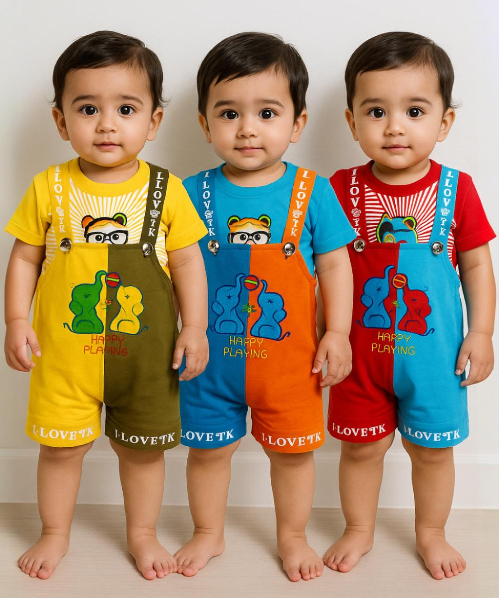 Boy & Girl Baby Printed Romper Suit Dress | Dungaree Set | 100% Pure Cotton | Age 18 to 24 Months (Pack of 3 Sets Combo) - 57