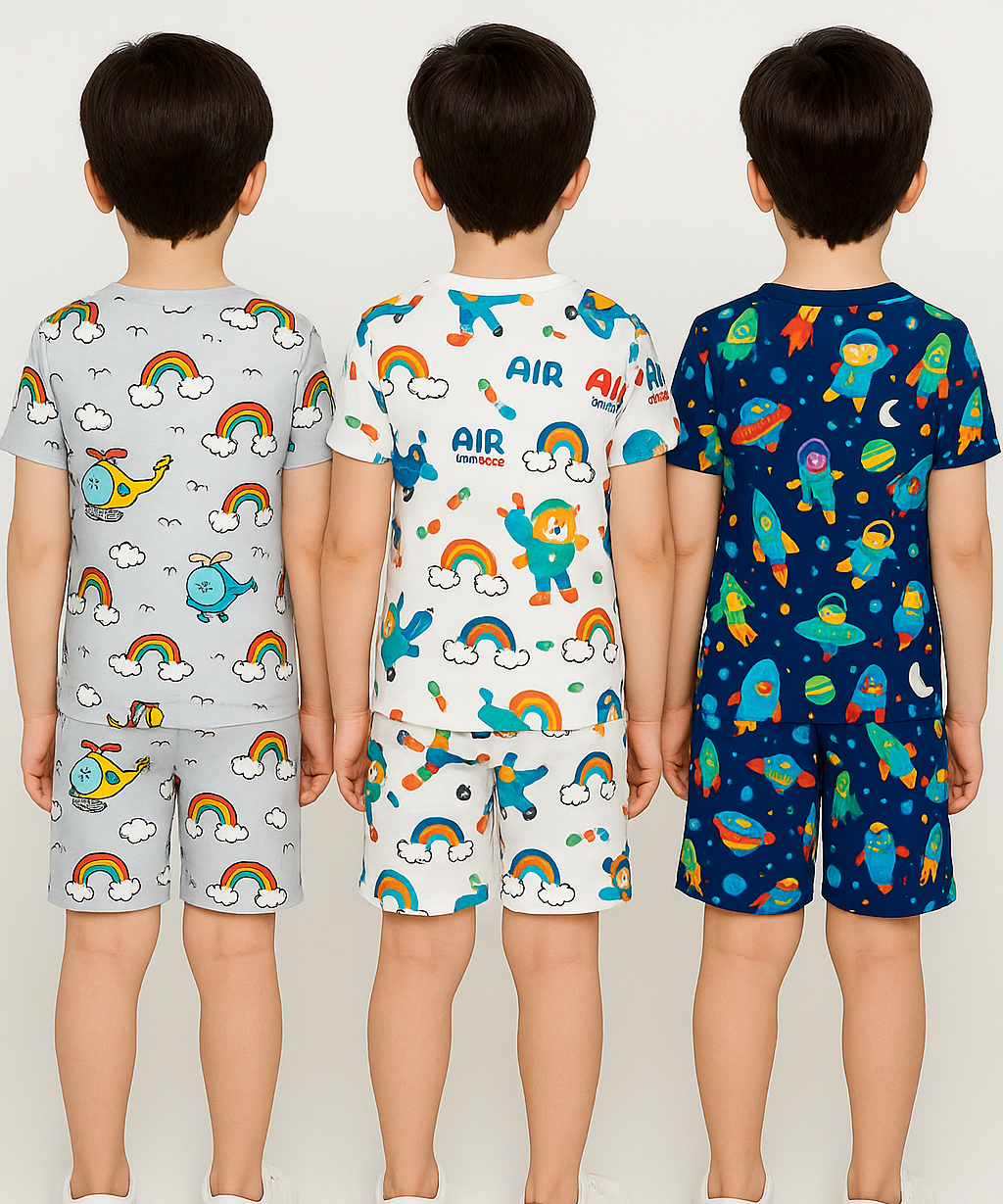 Boys Cotton Cartoon Printed Kids Co-ord Set Combo | Age 1 to 10 Years | Tshirt & Shorts (Combo Set Pack of 3)