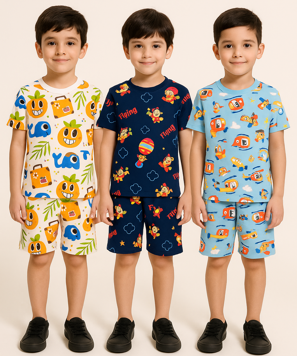 Boys Cotton Cartoon Printed Kids Co-ord Set Combo | Age 1 to 10 Years | Tshirt & Shorts (Combo Set Pack of 3)