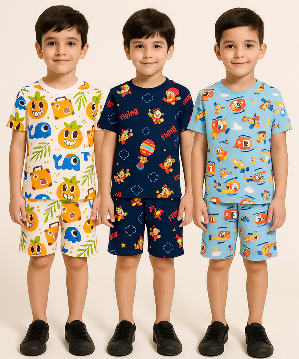 Boys Cotton Cartoon Printed Kids Co-ord Set Combo | Age 0 to 4 Years | Tshirt & Shorts (Combo Set Pack of 3)