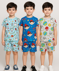 Boys Cotton Cartoon Printed Kids Co-ord Set Combo | Age 1 to 10 Years | Tshirt & Shorts (Combo Set Pack of 3)