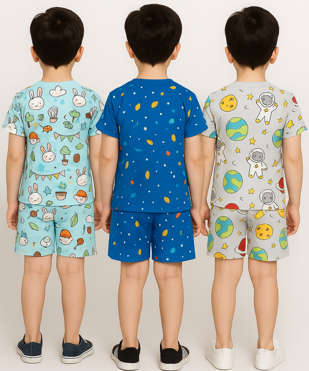 Boys Cotton Cartoon Printed Kids Co-ord Set Combo | Age 1 to 10 Years | Tshirt & Shorts (Combo Set Pack of 3)