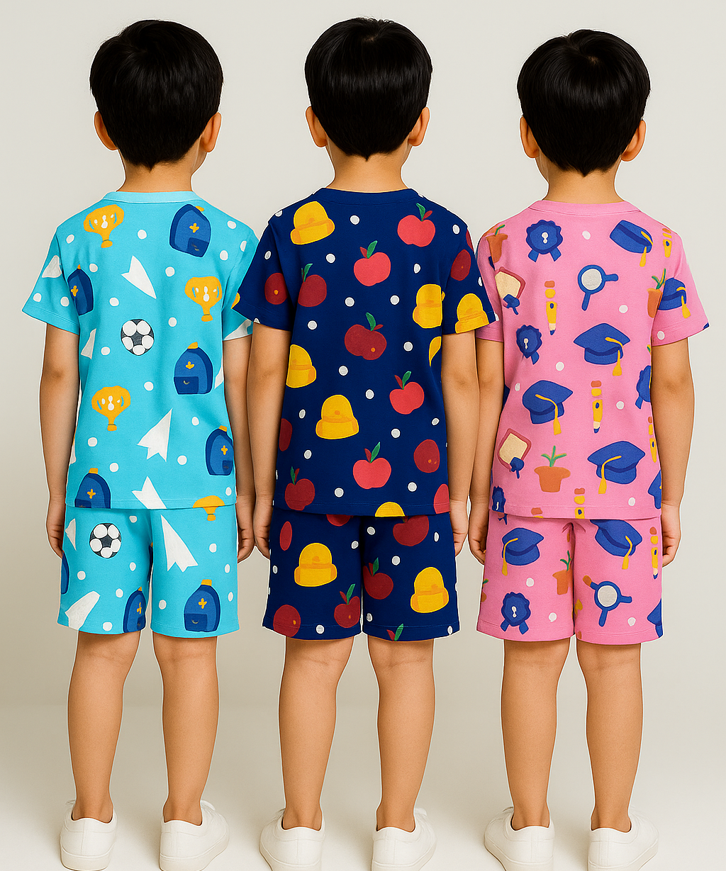 Boys Cotton Cartoon Printed Kids Co-ord Set Combo | Age 1 to 10 Years | Tshirt & Shorts (Combo Set Pack of 3)
