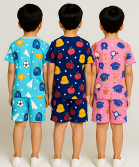 Boys Cotton Cartoon Printed Kids Co-ord Set Combo | Age 1 to 10 Years | Tshirt & Shorts (Combo Set Pack of 3)