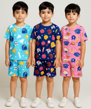 Boys Cotton Cartoon Printed Kids Co-ord Set Combo | Age 1 to 10 Years | Tshirt & Shorts (Combo Set Pack of 3)