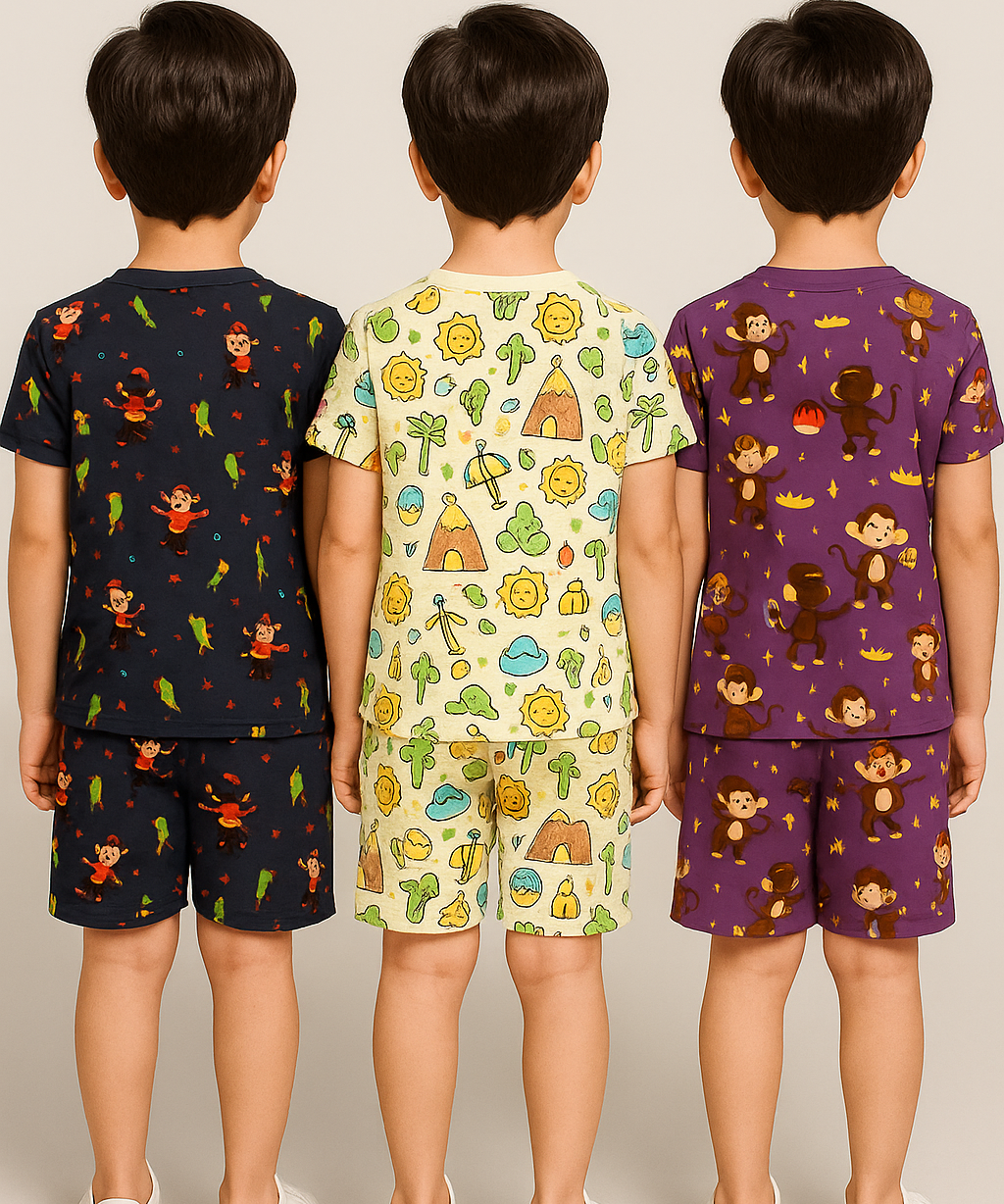 Boys Cotton Cartoon Printed Kids Co-ord Set Combo | Age 1 to 10 Years | Tshirt & Shorts (Combo Set Pack of 3)