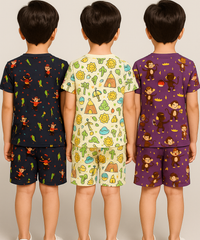 Boys Cotton Cartoon Printed Kids Co-ord Set Combo | Age 1 to 10 Years | Tshirt & Shorts (Combo Set Pack of 3)