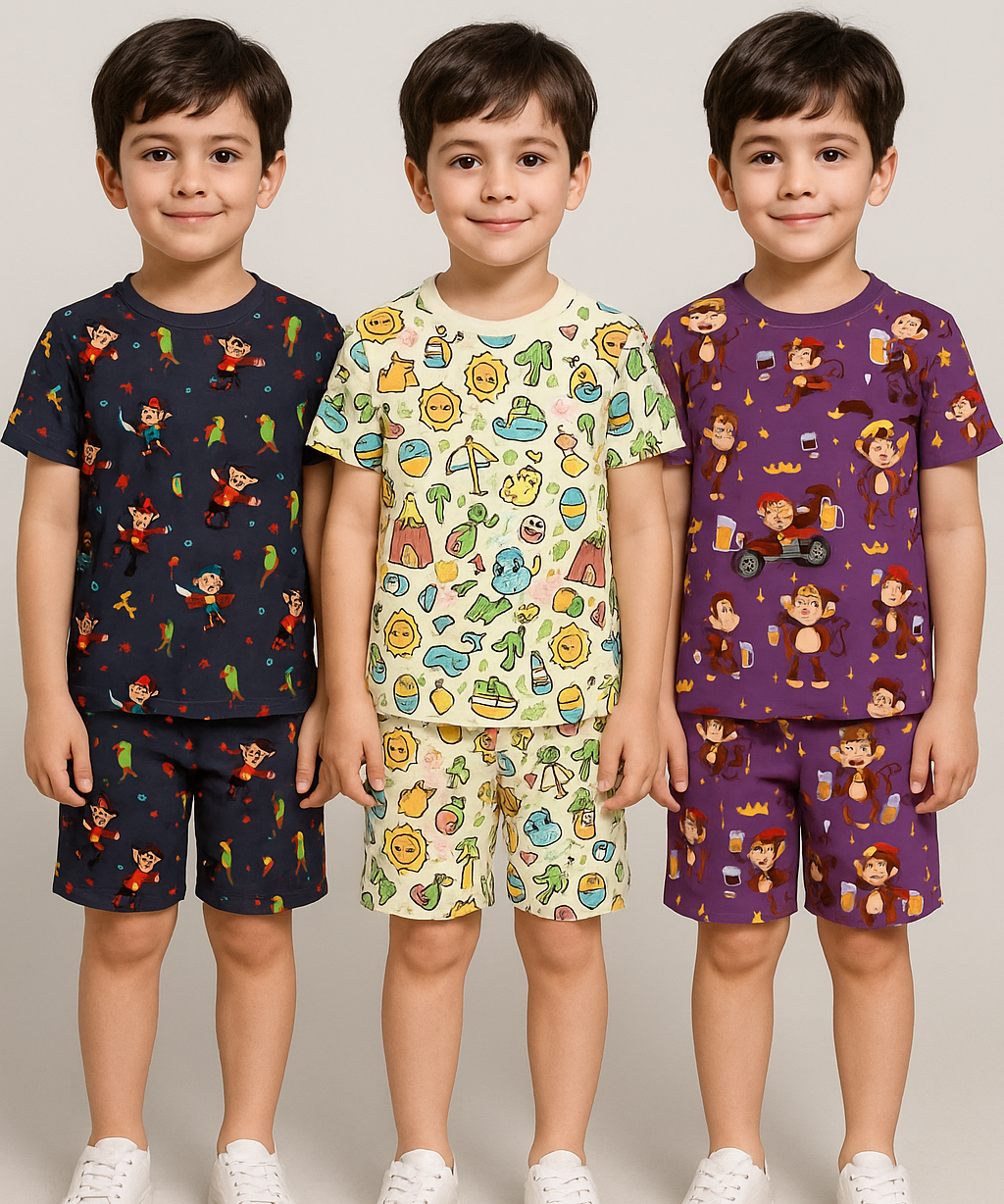 Boys Cotton Cartoon Printed Kids Co-ord Set Combo | Age 1 to 10 Years | Tshirt & Shorts (Combo Set Pack of 3)
