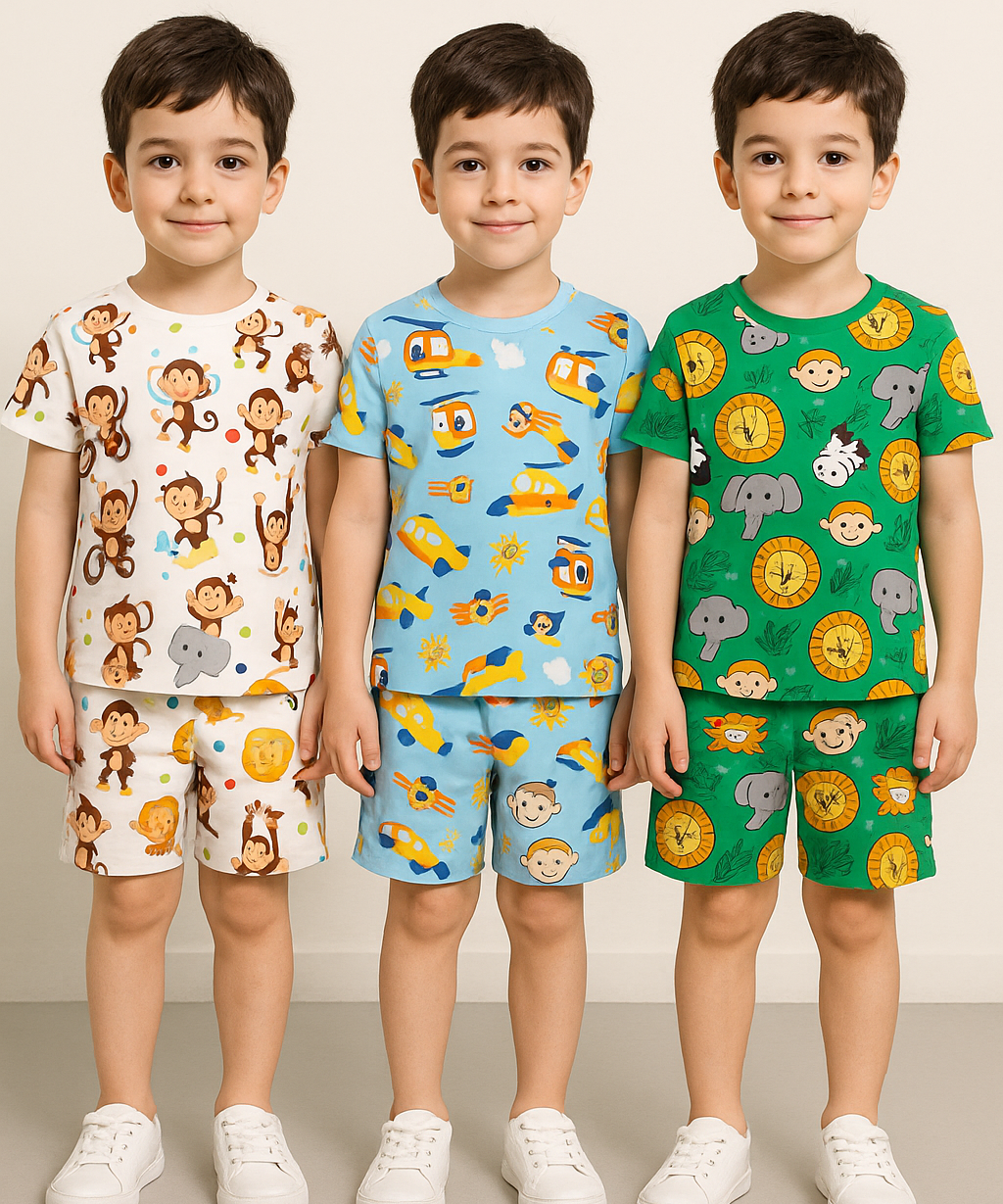 Boys Cotton Cartoon Printed Kids Co-ord Set Combo | Age 1 to 10 Years | Tshirt & Shorts (Combo Set Pack of 3)