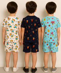 Boys Cotton Cartoon Printed Kids Co-ord Set Combo | Age 1 to 10 Years | Tshirt & Shorts (Combo Set Pack of 3)