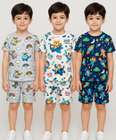 Boys Cotton Cartoon Printed Kids Co-ord Set Combo | Age 1 to 10 Years | Tshirt & Shorts (Combo Set Pack of 3)