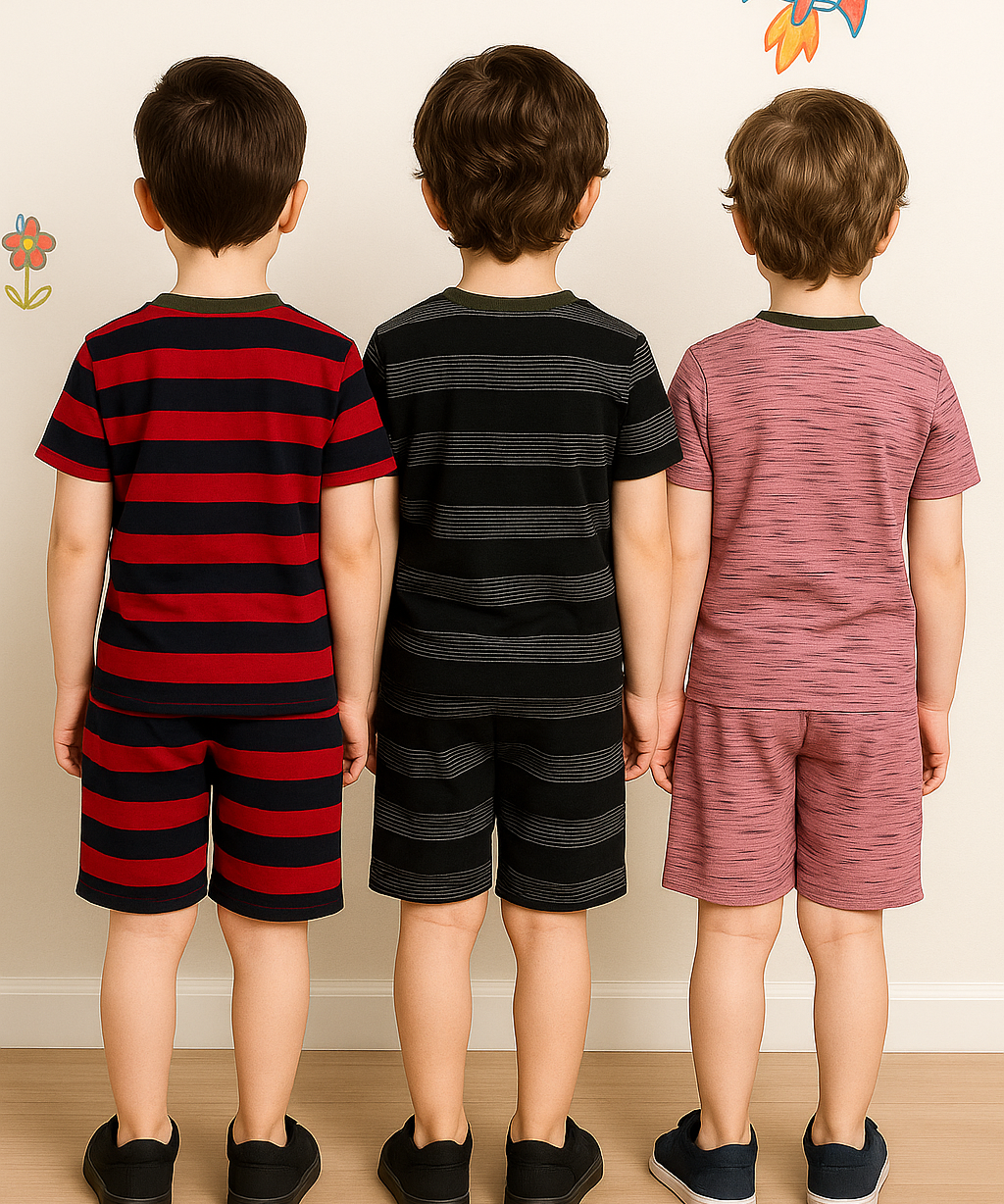Boys Cotton Stripes Kids Co-ord Set Combo / Age 3-4 Years L Size (Tshirt & Shorts Set Pack of 3)