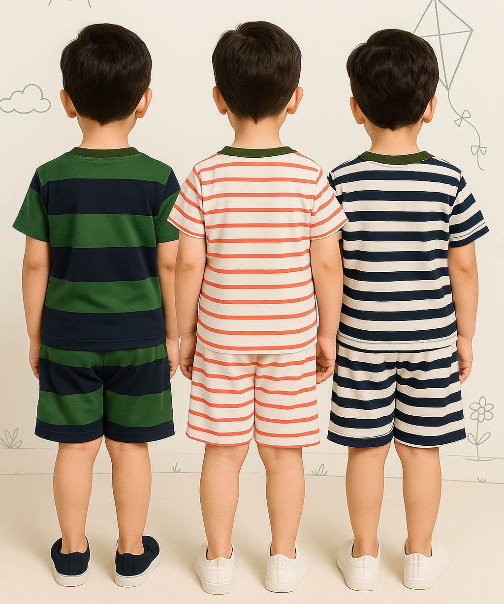 Boys Cotton Stripes Kids Co-ord Set Combo / Age 2-3 Years M Size (Tshirt & Shorts Set Pack of 3)