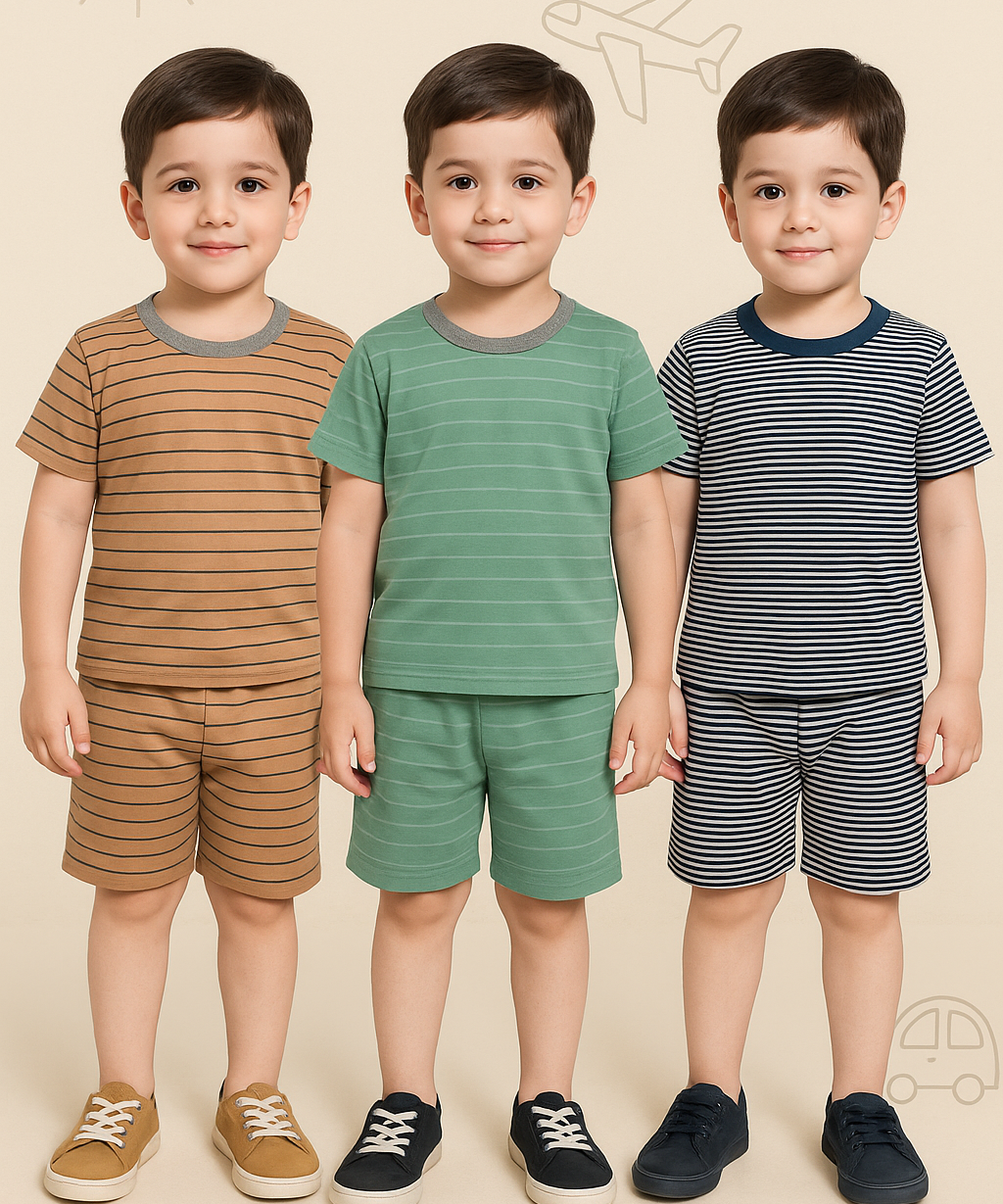 Boys Cotton Stripes Kids Co-ord Set Combo / Age 1-4 Years (Tshirt & Shorts Set Pack of 3)
