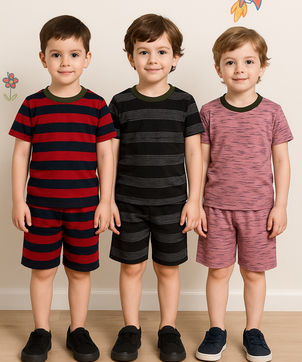 Boys Cotton Stripes Kids Co-ord Set Combo / Age 3-4 Years L Size (Tshirt & Shorts Set Pack of 3)