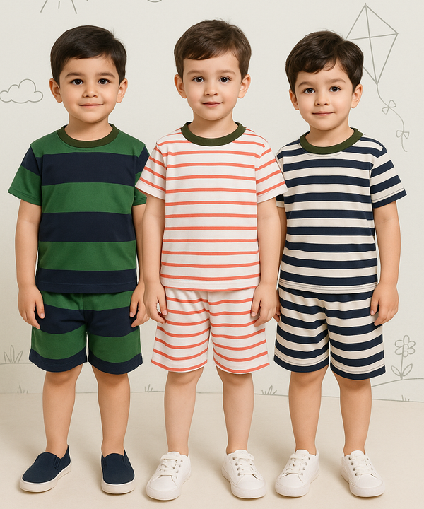 Boys Cotton Stripes Kids Co-ord Set Combo / Age 2-3 Years M Size (Tshirt & Shorts Set Pack of 3)