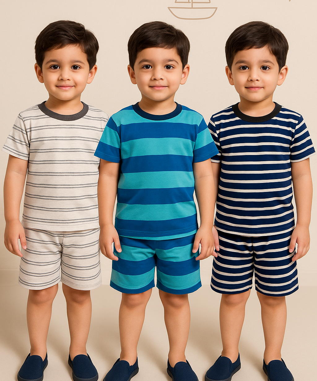 Boys Cotton Stripes Kids Co-ord Set Combo / Age 1-2 Years S Size (Tshirt & Shorts Set Pack of 3)