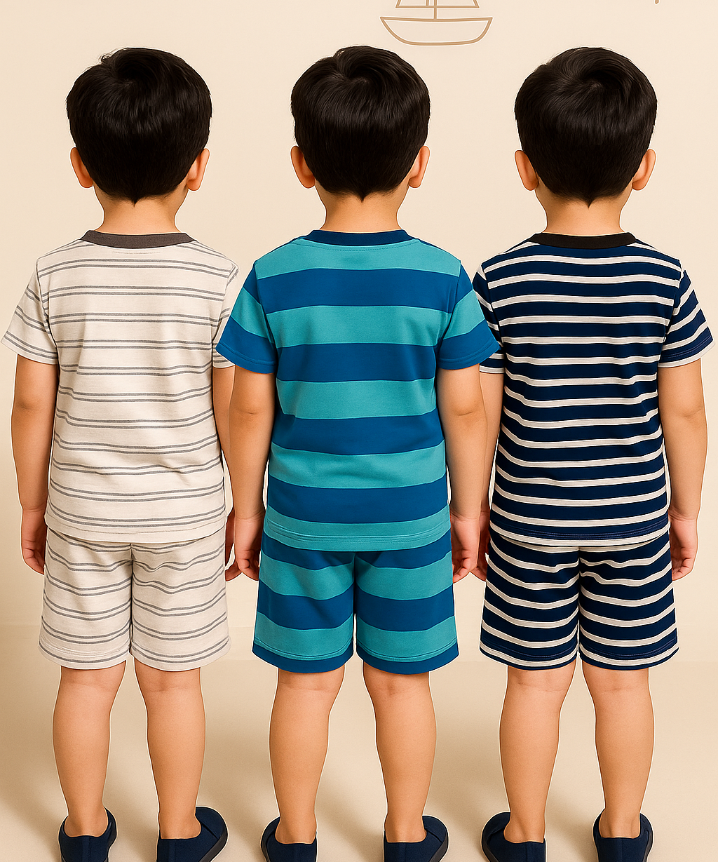 Boys Cotton Stripes Kids Co-ord Set Combo / Age 1-2 Years S Size (Tshirt & Shorts Set Pack of 3)