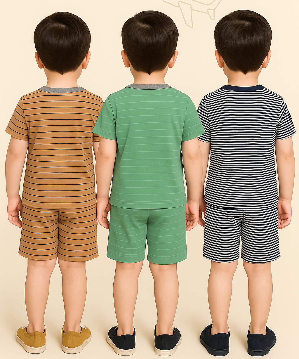 Boys Cotton Stripes Kids Co-ord Set Combo / Age 1-4 Years (Tshirt & Shorts Set Pack of 3)